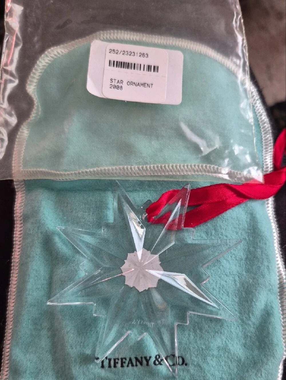 Tiffany & Co. Crystal Star Ornament with Red Ribbon